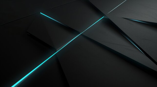 Abstract black geometric background with glowing neon blue line. Futuristic technology concept with dark textured surface