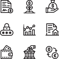 Finance icon set. Business, economy, coin, savings, money bag, bank card, piggy bank, price, diagram, exchange, monitoring, chart, dollar bill, briefcase, etc.
