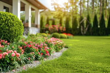 Obraz premium Beautiful garden with colorful flowers and lush greenery