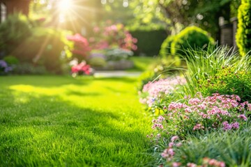 Beautiful garden with blooming flowers and sunlight