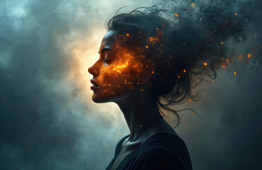 Woman profile shows face glowing with golden particles like galaxy. Head dissolves into dark smoke with fire embers. Abstract illustration represents cosmic energy, inner transformation, mental
