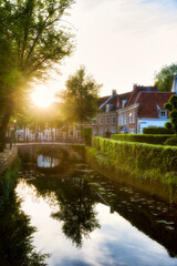 Evening Shot of the Canal that Surrounds and Splits the Historic City Center of Beautiful Amersfoort, Netherlands