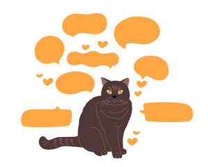 Dark brown cat with fluffy fur and yellow eyes sits among orange hearts and speech clouds of different shapes and sizes. Cute vector illustration for advertising text of cat food, animal care.