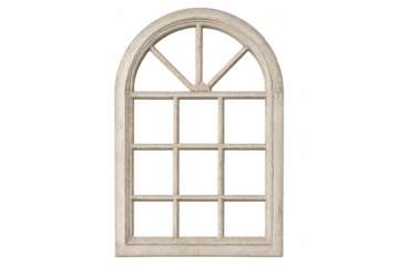 Arched window frame with wooden grid creating a classic vintage look, isolated on a transparent background