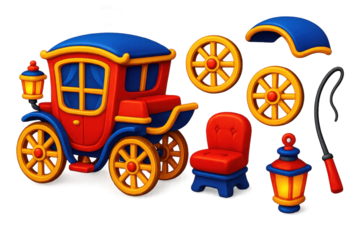 Cartoon car with a blue top and yellow wheels. A red chair is also shown. The car and chair are part of a cartoon scene