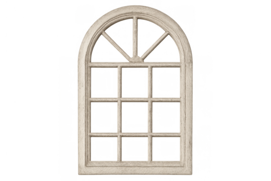 Arched window frame with wooden grid creating a classic vintage look, isolated on a transparent background