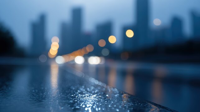 Urban cityscape with modern skyscrapers and wet roads, blurred background - Powered by Adobe