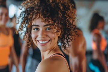 Young woman smiling during a fitness class in a gym