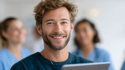 Young man in business interaction setting with software representatives
