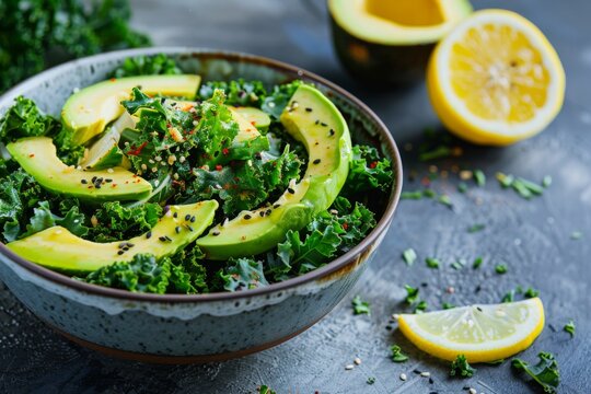 Fresh kale salad with avocado and lemon slices