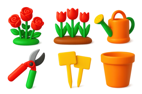 Set of garden tools and accessories, including a watering can, a pair of scissors, and a yellow sign