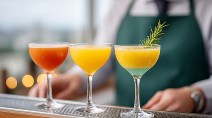 Bartender crafting unique cocktails in dark green apron with personal touch