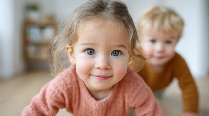 Active child lifestyle: playful siblings at home in cozy setting