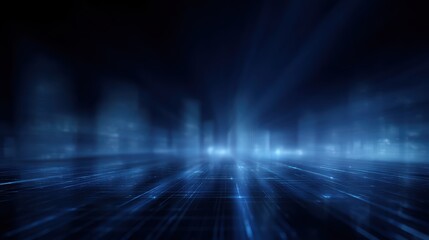 Digital technology illustration, city in glowing blue grid format