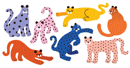 Cute leopard doodle vector set. Cartoon cheetah characters design collection with flat color in different poses. Funny leopards collection, childish simple illustration jungle stickers. For print. © Anna