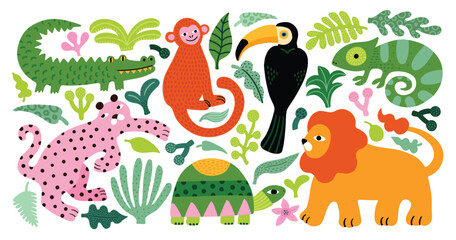 Obraz premium Set of cute african jungle animals and tropical leafes. Crocodile, leopard, monkey, toucan, lion, turtle, tortoise. Vector illustration in flat style. Jungle flora and fauna. Simple funny style.