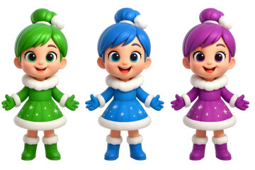 Three Girl Wear Matching Winter Outfits With Snowflake Patterns And They Have Bright Green Hair And  Blue Hair And Purple Hair.eps