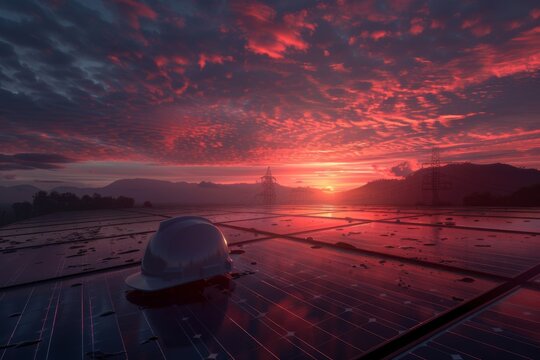 Sunset over solar panels with a hard hat in the foreground