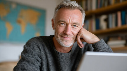 Middle aged man relaxing at table with laptop in cozy home office setting