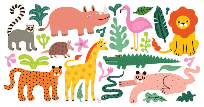 Set of cute african jungle animals and tropical leaves. Lemur, battleship, lion, rhinoceros, rhino, giraffe, flamingo, crocodile and snake. Vector illustration in flat style. Jungle flora and fauna. - Powered by Adobe