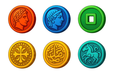 Set of six different colored coins with a horse on one of them. The coins are all different sizes and colors, with one being a blue coin with a horse on it. The other coins are red, yellow