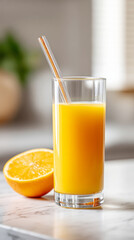 Fototapeta premium Bright morning with orange juice in a beaker glass on kitchen counter