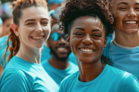 Group of young adults smiling together at an outdoor event