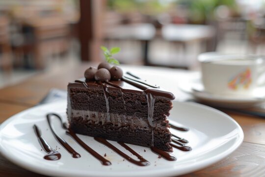 Delicious chocolate cake slice on a plate with dessert sauce