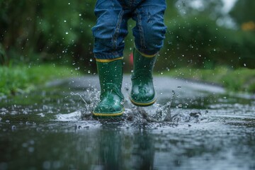 Child jumping in puddles wearing green rain boots outdoors