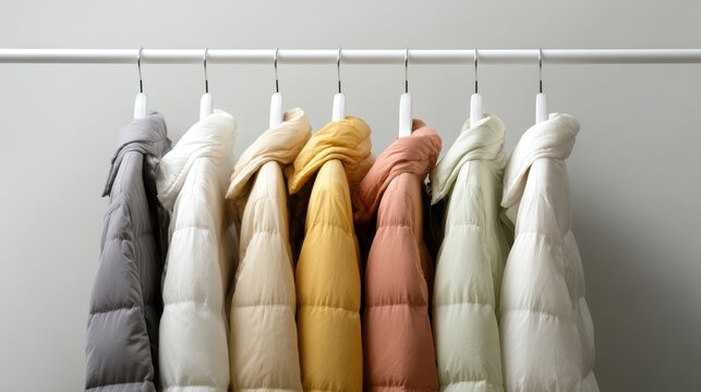 Fashionable winter jackets hanging neatly, white studio background