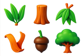Variety of tree-related objects, including leaves, a tree stump, a tree trunk, and a tree with a green leaf. The objects are arranged in a row, with some overlapping each other