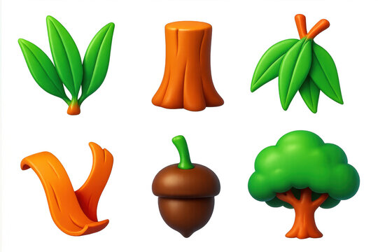 Variety of tree-related objects, including leaves, a tree stump, a tree trunk, and a tree with a green leaf. The objects are arranged in a row, with some overlapping each other