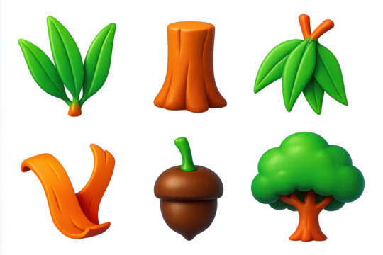 Variety of tree-related objects, including leaves, a tree stump, a tree trunk, and a tree with a green leaf. The objects are arranged in a row, with some overlapping each other