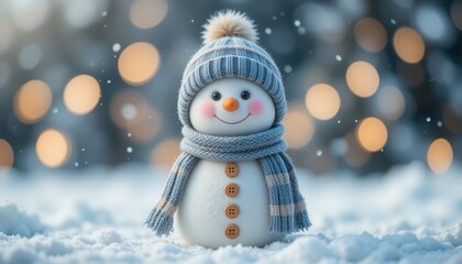 Cute snowman with knitted hat and scarf in winter snow with bokeh lights