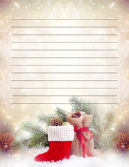 Christmas letter to Santa template with red boot, gift bag and fir tree, printable To Do List, wishlist or planner. Paper for invitation or greeting card. Lined shiny glowing background for text.