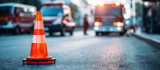 Orange traffic cone on city street with blurred emergency vehicles in background