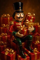 Nutcracker soldier decoration sitting on many red gift boxes with golden ribbons