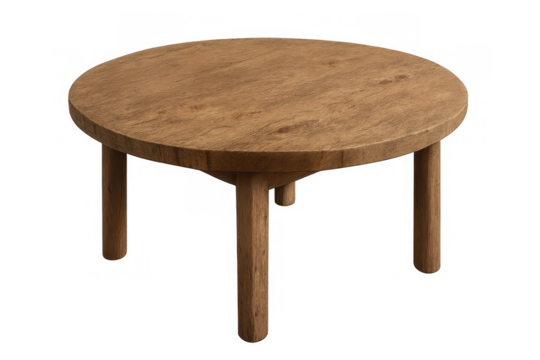 Solid wood coffee table featuring a rustic-modern design with a smooth round surface and sturdy legs, isolated on transparent background