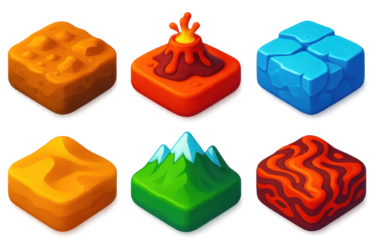 Six different types of terrain, including mountains, lava, and ice. The colors are bright and bold, creating a sense of excitement and adventure