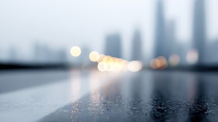 Urban cityscape with modern skyscrapers and wet roads, blurred background