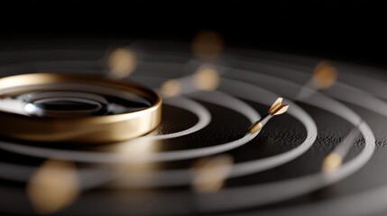 Goal achievement concept, magnifier on dartboard with icons of business strategy