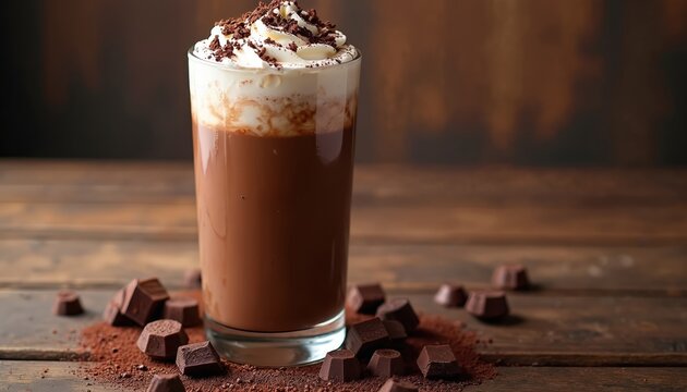 Iced chocolate drink served with whipped cream plus chocolate pieces on wooden table. Sweet dessert in glass. Close up of beverage treat sprinkled cocoa for shop cafe menu. - Powered by Adobe