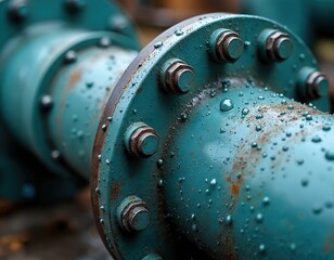 Closeup of industrial pipe flange joint with bolts, nuts. Wet metal surface covered in water droplets, rust. Heavy machinery detail from water pipeline system. Plumbing equipment for fluid pressure,