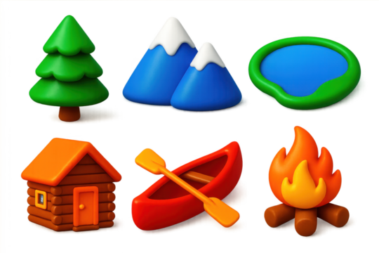 Variety of outdoor scenes, including a cabin, a tree, a mountain, a lake, a canoe, a fire, and a log cabin. Scene is one of adventure and exploration