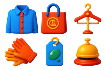 Set of six cartoonish icons of clothing, a bag, a hotel bell, a tag, a glove, and a dresser