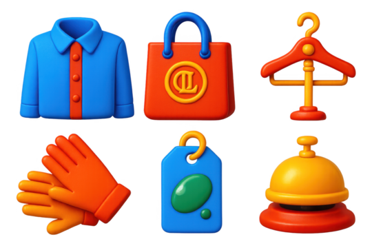 Set of six cartoonish icons of clothing, a bag, a hotel bell, a tag, a glove, and a dresser