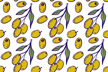Seamless pattern with Olive Fruits. Fresh olive berries branch. Ingredients for cooking, organic cosmetics. Hand drawn doodle sketch for Mediterranean diet wallpaper, wrapping paper. Repeated print. 