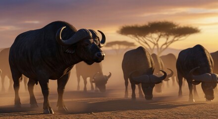 Herd of African buffalo in the savanna at sunset, dusty atmosphere, dry season