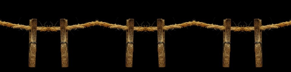 Old wooden clothespins, laundry hooks, on hemp rope, dark background