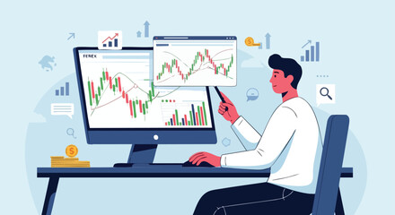 Forex or Stock Trader Analyzing Candlestick Charts and Market Trends on a Desktop Computer for Financial Investment.